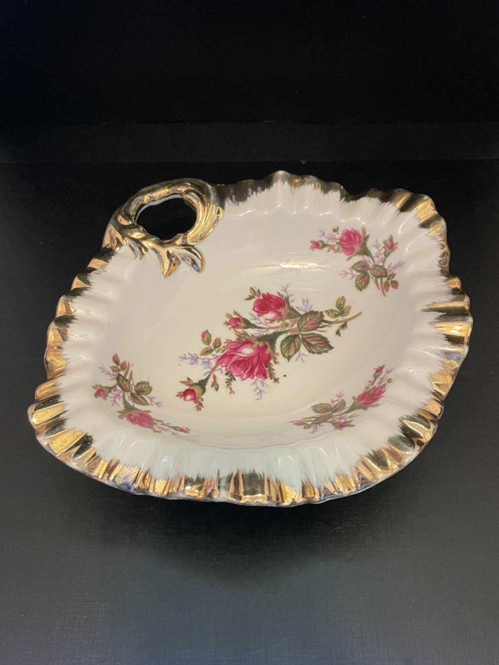 Vintage Moss Rose Porcelain Candy Dish with Gold Trim Trinket Dish Ruffle Edge